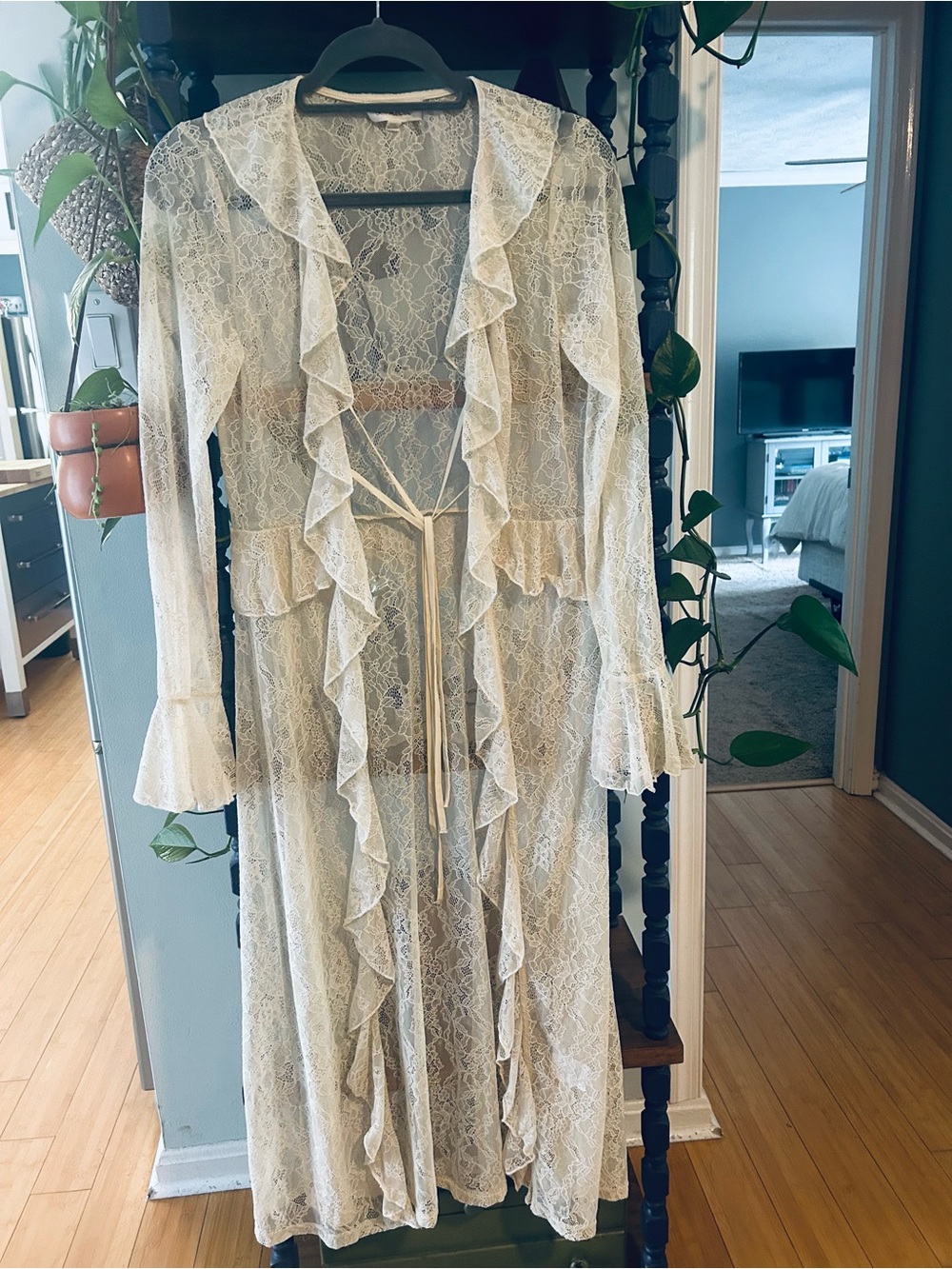 Listicle Ivory Sheer Lace Ruffle Long Duster